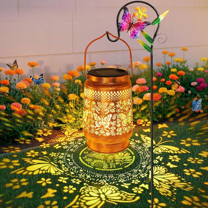 SANDECO Solar Lanterns Outdoor Butterfly Garden Decor, Gifts for Women Mom Grandma Birthday, Waterproof Metal Hanging Solar Lights LED Decoration with Shepherd Hook Outside for Yard Patio Lawn Porch - Image 1
